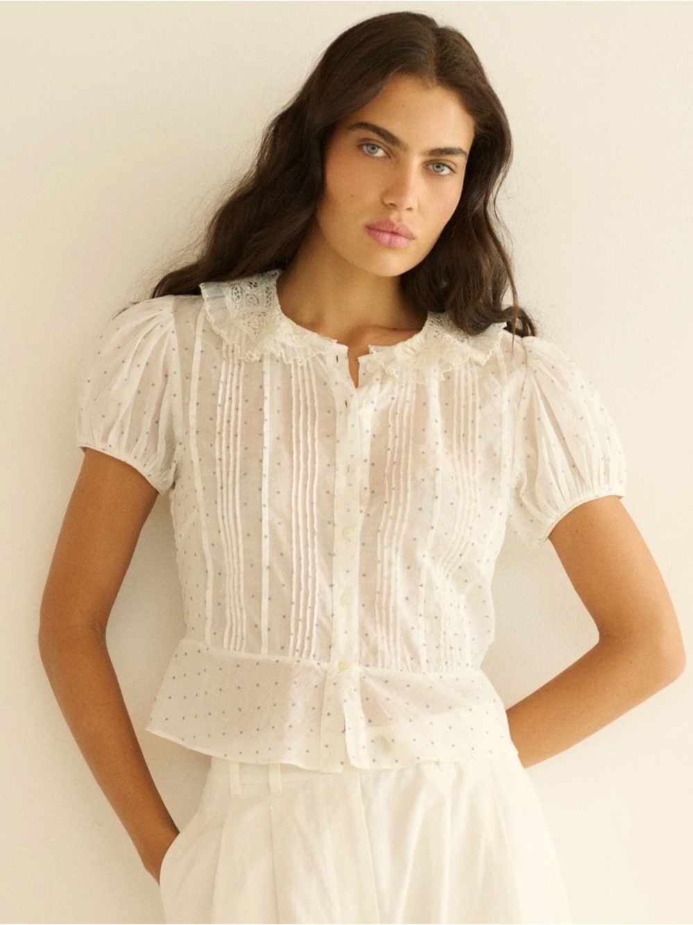 Doen Dainty White top Lace Collar Puff Sleeve Blouse